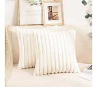 Uhomy 2 Pack Faux Fur Plush Decorative Throw Pillow Covers Fuzzy Striped Soft White Pillowcase Cushion Covers for Living Room Sofa Couch Bedroom, True White 22x22 inch 55x55 cm