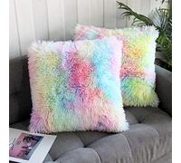 Uhomy 2 Packs Fall Winter Home Decorative Colorful Plush Pillow Cover 22"x22", Luxury Fluffy Super Soft Faux Fur Throw Pillow Cover Cushion Case for Sofa Bed Chair Unicorn Colorful 55x55 cm