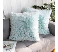 Uhomy 2 Packs Fall Winter Home Decorative Fluffy Plush Pillow Cover 20"x20", Luxury Green Ombre Soft Fluffy Faux Fur Throw Pillow Cover Cushion Case for Sofa Bed, Green Ombre 50x50 cm