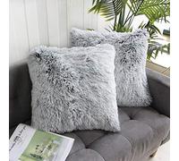 Uhomy 2 Packs Fluffy Plush Pillow Cover 22"x22", Fall Winter Home Decorative Luxury Gray Soft Fuzzy Faux Fur Throw Pillow Cover Cushion Case for Sofa Bed, Gray Ombre 55x55 cm Two Sides Fur