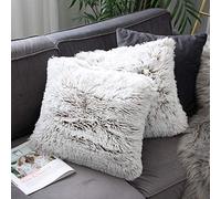 Uhomy 2 packs Full Home Decorative Fluffy Plush Pillow Covers 18"x18", Luxury Fuzzy Artificial Fur Throw Pillow Case Double Side Fluffy Cushion Cover for Sofa Bed Couch Brown Khaki Ombre 45x45 cm
