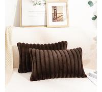 Uhomy Faux Fur Plush Throw Pillow Covers 12“ x20” Pack of 2 Luxury Super Soft Coffee Brown Fluffy Striped Decorative Pillow Covers for Sofa, Bed, Couch, Living Room Coffee Brown 30x50 cm