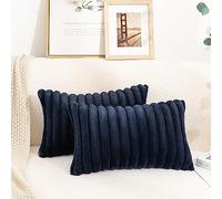 Uhomy Faux Fur Plush Throw Pillow Covers 12x20 Pack of 2 Luxury Super Soft Fluffy Dark Blue Striped Decorative Pillow Covers for Sofa, Bed, Couch, Living Room, Navy Blue 30x50 cm