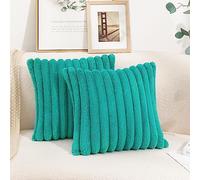Uhomy Pack of 2 Faux Fur Home Decorative Throw Pillow Cover Luxury Super Soft Fuzzy Striped Furry Green Pillowcase for Sofa Couch Bedroom Comfy Thick Fluffy Plush Cushion Cover 20x20 Inch Turquoise
