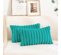 Uhomy Pack of 2 Faux Fur Home Decorative Throw Pillow Cover Luxury Super Soft Fuzzy Striped Furry Green Pillowcase for Sofa Couch Bedroom Comfy Thick Fluffy Plush Cushion Cover 12x20 Inch Turquoise