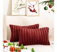 Uhomy Set of 2 Christmas Red Faux Fur Plush Christmas Red Decorative Throw Pillow Covers Fuzzy Striped Soft Pillowcase Cushion Covers for Sofa Couch Bedroom 12x20 inch 30x50 Cm Burgundy Red