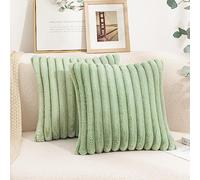 Uhomy Set of 2 Faux Fur Home Decorative Throw Pillow Cover Luxury Super Soft Fuzzy Green Striped Furry Pillowcase for Sofa Couch Bedroom Comfy Thick Fluffy Plush Cushion Cover 22x22 Inch Sage Green