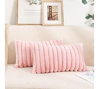 Uhomy Set of 2 Faux Fur Home Decorative Throw Pillow Cover Luxury Super Soft Fuzzy Striped Furry Pillowcase for Sofa Couch Bedroom Comfy Thick Fluffy Plush Cushion Cover 12x20 Inch Light Pink 30x50 cm