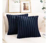 Uhomy Set of 2 Faux Fur Home Decorative Throw Pillow Cover Luxury Super Soft Fuzzy Striped Furry Pillowcase for Sofa Couch Bedroom Comfy Thick Fluffy Plush Cushion Cover 20x20 Inch Navy Blue 50 cm