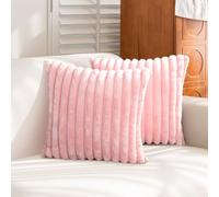 Uhomy Set of 2 Faux Fur Home Decorative Throw Pillow Cover Luxury Super Soft Fuzzy Striped Furry Pillowcase for Sofa Couch Bedroom Comfy Thick Fluffy Plush Cushion Cover 18x18 Inch Bright Pink 45 cm