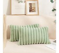 Uhomy Set of 2 Faux Fur Home Decorative Throw Pillow Cover Luxury Super Soft Fuzzy Striped Furry Pillowcase for Sofa Couch Bedroom Comfy Thick Fluffy Plush Cushion Cover 12x20 Inch Sage Green 30x50 cm