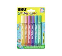 UHU Glitter Glue Shiny, glitter glue for tinkering, decorating and creative design in tube with fine dosing tip, blister 6 x 10 ml, multicolor -
