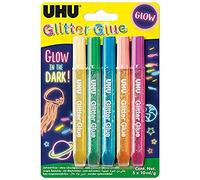 UHU Glitter Glue Glow in the Dark Glitter Glue Children's Formula Washable Pack of 5 10ml Tubes