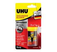 UHU Sekundenkleber blitzschnell Minis, Extrem starker, flüssiger Sekundenkleber - 3 Minis in einer praktischen Aufbewahrungsbox, Optimale Qualität bei jeder Anwendung, 3 x 1 g