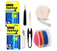 UHU Textile Fabric Glue for Clothes 2 x 19ml - No Sew Clothing Repair Kit with Lavarion 1.5m Retractable Tape Measure, 10pc Tailors Chalk & Seam Ripper Set - Solvent Free, Washable & Water Resistant