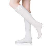 UICCVOKK White Frilly Socks Women, Frilly Socks White Bow Stockings With Bow Lace Cotton Knee High Stocking For Lolita Heiress Cosplay Everyday Wear