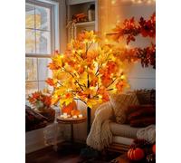 Uieke 4FT 48LED Lighted Fall Maple Tree Artificial Fall Tree with 12PCS Pine Cones Lights 8 Modes Thanksgiving Fall Decorations for Home Autumn Decor Indoor Outdoor