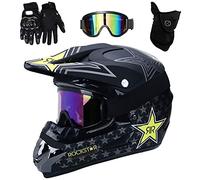 UIGJIOG Full Face MTB Helmet with Goggles, Gloves, Mask, Black/Rockstar, Adult Motorbike Off Road Crash Helmet Protective Gear, L(56~57cm)