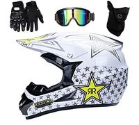 UIGJIOG Kids Motocross Helmet Rockstar/Adult MX Off-Road Motorcycle/AM mountain bike full face helmet With Goggles Gloves Mask,White,L(56~57cm)