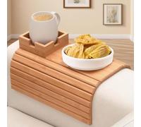 UIHECTA Bamboo Couch Caddy Holder, All-in-One Foldable Armrest Tray with Cup Holder for Drinks Snacks Phone Remote Control,Style 1,41 * 34cm