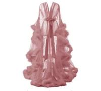 UIHECTA Perspective Feather Robe for Women Lingerie Bathrobe Mesh Flare Sleeves Tulle Lotus Leaf Long Bathrobe Party Wedding Dress,Pink,one size