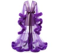 UIHECTA Women's Feather Bridal Robes Perspective Feather Robe Long Wedding Scarf Nightgown,Purple,3XL(INTL.XL-2XL)