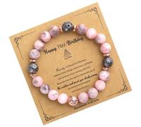 UIHRLM 70th Birthday Gifts for Women, Unusual Bracelet with Birthday Card for 70 Year Old, Pink Zebra Natural Stone Healing Crystal Handmade Beaded Bracelet for Ladies Grandma Mom Wife Daughter Friend