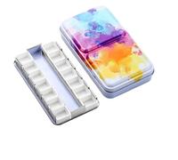 UIHRLM Empty Watercolour Paint Palette, Metal Well Folding Watercolour Mixing Palette with 14PCS Half Pan, Portable Tin Paint Fold-out Case Box with Lid Colorful for DIY Watercolor Palette Travel