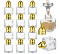 Uiifan 12 Pcs 0.5 oz Cube Shape Small Salt and Pepper Shakers with Tone Tops Clear Mini Glass Seasoning Jars Spice Salt Shakers with Funnel for Wedding Party Restaurant Home Kitchen (Gold)