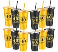 Uiifan 12 Pcs Cheers to 30th 40th 50th 60th Years Birthday Cups Black Gold Plastic Tumbler with Lid and Straw 24oz for Birthday Party Wedding Anniversary Supplies Decoration(40th)