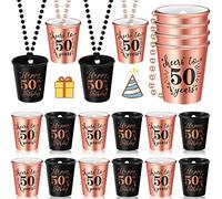 Uiifan 12 Pieces 40th 50th 60th Shot Glasses Necklace Birthday Plastic Cups Necklace on Beaded for Birthday Party Anniversary Supplies, Black and Rose Gold(50th)