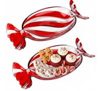 Uiifan 2 Pcs Peppermint Candy Tray Platter - Crystal Glass Fruit Plates Serving Dessert Plates - Red Candy Cane Christmas Dish Decorations for Xmas Holiday Party Favor