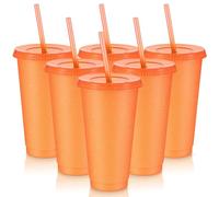 Uiifan 6 Pcs 24 oz Reusable Tumbler with Lids and Straws Plastic Iced Coffee Tumbler Glitter Travel Mug Cup for Smoothie Juices Birthday Party Cold Drink Coffee Cup Bulk for Adult Kid Women (Orange)
