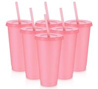 Uiifan 6 Pcs 24 oz Reusable Tumbler with Lids and Straws Plastic Iced Coffee Tumbler Glitter Travel Mug Cup for Smoothie Juices Birthday Party Cold Drink Coffee Cup Bulk for Adult Kid Women (Pink)