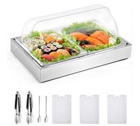 Uiifan Salad Bar Buffet Station for Home, Ice Food Serving Display Tray with Clear Roll Top Cover, Cold Food Buffet Server Trays with Clamps Spoons Ice Box for Restaurant Kitchen Party(2 Pans)