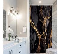 Uiiooazy Black Gold Shower Curtain, Stall Shower Curtain Abstract Grey Marble Effect Bath Curtain Anti Mildew Waterproof Polyester Fabric Washable Opaque Bathroom Curtain Set with 6 Hooks 90Wx180Hcm