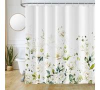 Uiiooazy Eucalyptus Shower Curtain, Shower Curtain Sage Green and Gold White Flowers Shower Curtain Anti-Mildew Waterproof Polyester Fabric Washable Bath Curtain with 12 Hooks 180 x 180 cm