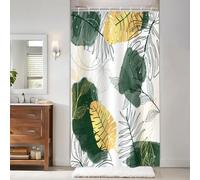 Uiiooazy Shower Curtain 120 x 180 cm, Shower Curtain Anti-Mould Green Boho Style Tropical Abstract Black Gold Palm Leaves Shower Curtains Waterproof Fabric Washable Polyester Bathroom Curtain with 8