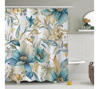 Uiiooazy Teal Blue Gold Floral Shower Curtain for Bathroom Yellow Flowers Boho Fabric Bathtub Curtain Set Botanical Plants Leaves Bath Home Decor Waterproof Shower Curtains 72x72 inches with Hooks