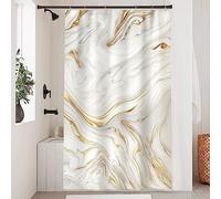 Uiiooazy White Shower Curtain, Grey and Yellow Marble Effect Bath Curtain Anti-Mould Waterproof Washable Polyester Fabric Bathroom Curtains with 6 Hooks 90 x 180 cm