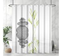 Uiiooazy Zen Shower Curtain, Spa Green Leaves Grey Pebble Stone Bath Curtain Mildew and Mould Proof Waterproof Polyester Fabric Washable Opaque Shower Curtain with 12 Hooks for Bathroom 180Wx180Hcm