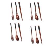Uikdjgu 4X Wooden Flatware Set, Wooden Portable Set Chopsticks Spoon Fork Tableware Dinnerware with Black Twining Thread