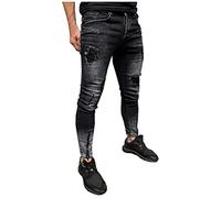 UIKIFY Men's Skinny Destroyed Ripped Jeans Slim Fit Stretch Distressed Denim Pants with Ankle Zip for Men UK Vintage Washed Durables Jegging Streetwear Black 34