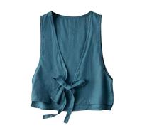 UIKIFY Women's Linen Waistcoat, Ladies Cropped Sleeveless Cardigans Casual Lightweight Gilet Short Suit Vest Solid Casual Loose Tanks V Neck Waist Coat Blue XXL