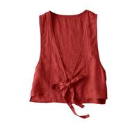 UIKIFY Women's Linen Waistcoat, Ladies Cropped Sleeveless Cardigans Casual Lightweight Gilet Short Suit Vest Solid Casual Loose Tanks V Neck Waist Coat Red XXL
