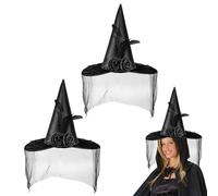 UILYNIU 2 Pcs Black Witch Hat with Veil and Feathers, Pointed Wizard Hat, Halloween Witch Costume, Day of the Dead Corpse Bride, Fancy Dress Party Supplies (Black)