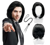 UILYNIU 2 PCS Short Black Wig with Bolo Tie Mens Wig Can Tie into Ponytail, 80s 90s Men Costume Punk Rock Fancy Dress Wigs Fiction Costume for Party Cosplay Halloween Carnival (2 PCS)