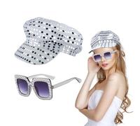 UILYNIU 2 Pieces 70s Silver Disco Hat for Adults Sequin Hat Abba Hat Abba accessories Square Bling Sunglasses Retro Disco Fancy Dress Up Women Theme Party Birthday Dance (Silver)