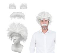 UILYNIU 3 Pcs Mad Scientist Costume Set, Professor Wig with Mustache, Fluffy Wig, White Wig, Men's Wig Fancy Dress, Old Man Wig, Mad Men Wig with White Beard for Cosplay Theme Party Festival(White)