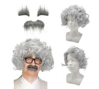 UILYNIU 3 Pcs Old Man Costume Set, Gray Wig with Mustache, Mad Scientist Professor Wigs, Fluffy Men's Wigs Fancy Dress, Madmen Costume Wig Beard for Cosplay Party Festival (Gray)